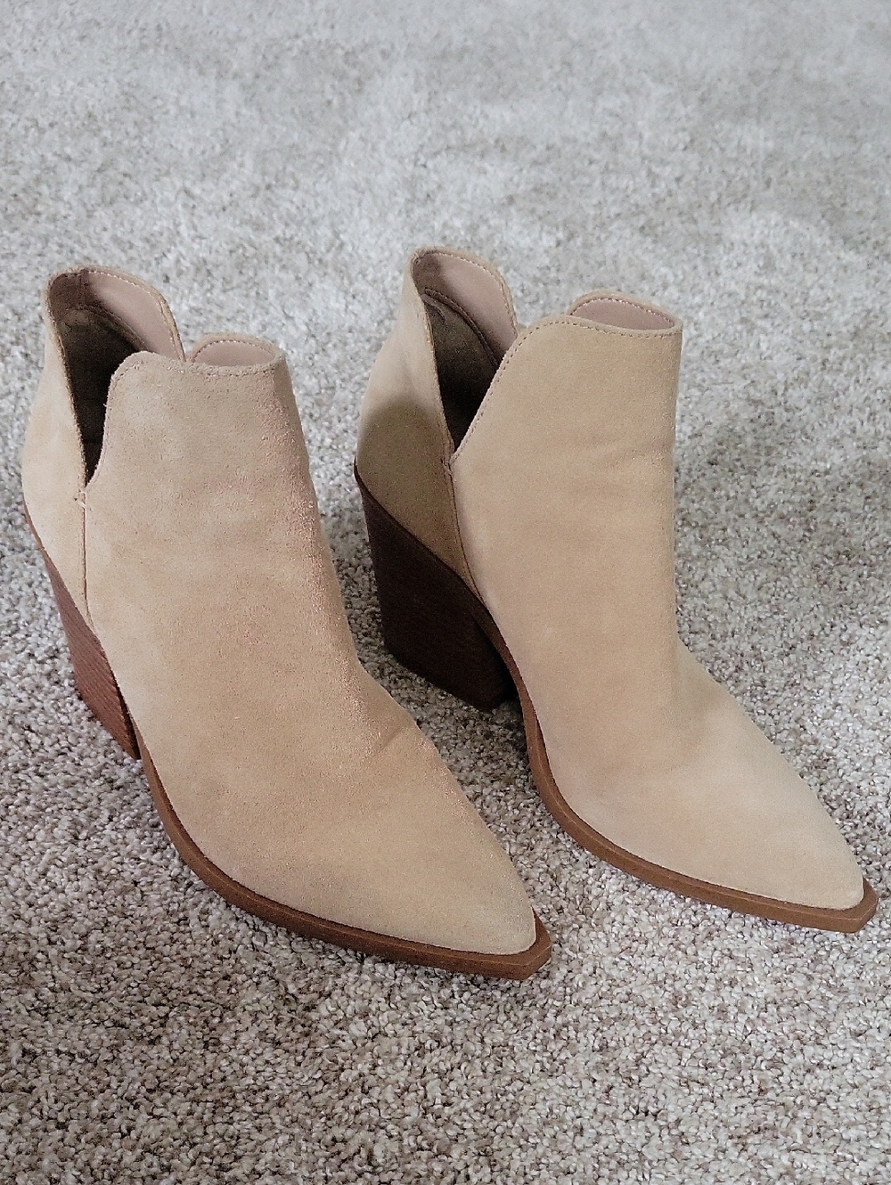 Gianni Bini Women's Tan Suede Pointed Ankle Booties with Stacked Heel